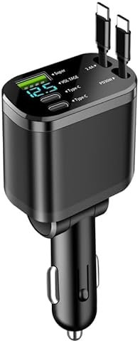 Mizi [2025 Upgraded] Retractable Car Charger 5 in 1, 69W Fast Charging with 2X Retractable Cords [Type-C], 2X Type-C & 1X Type-A Port for iPhone 16/15/14/13/12, Samsung, and More – Black