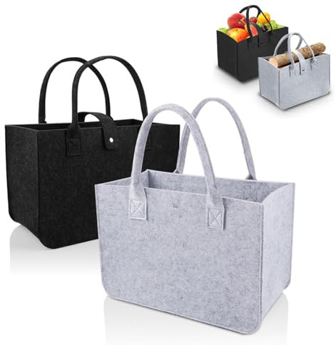 YOYEAH Filztasche Einkaufskorb Klein, 2 Stück 30x20x18cm Faltbare Filztaschen Shopper für Einkaufen, Picknick, Arbeit, Reisen, Robust & Langlebig - Grau & Schwarz
