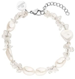 Purelei® Crystal Wave Armband Damen – Mit echten Keshi-Perlen & Bergkristall – Edelstahl 18K vergoldet/silber – Verstellbar 16–19 cm – Sommerliches Statement mit spiritueller Bedeutung (Silver)