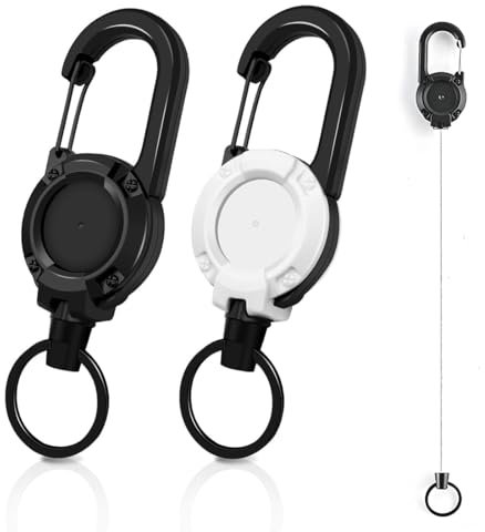 KEWUF 2pcs Porte-clés Rétractables, Porte-clés Sac à Dos, Mousqueton Porte Clé, Porte-clés Rétractable en Fil D'acier, Convient pour les Clés et les Cartes de Visite, 60cm Rétractable, Noir, Blanc.