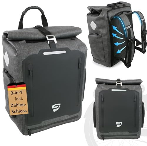 PfadWerk 3in1 Fahrradtasche Rucksack – 27L – 100 % wasserdichte Gepäckträgertasche, Tragetasche & Rucksack mit Laptopfach & Reflektoren – abschließbar – inkl. Schultergurt & Zahlenschloss