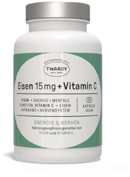 Astrid Twardy Eisen 15 mg + Vitamin C – Vegane Kapseln zur Unterstützung der Blutbildung & Energie mit Eisengluconat und L-Ascorbinsäure – 60 Kapseln
