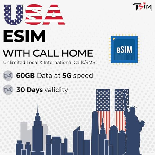 USA eSIM – 60 GB 5G-Daten | unbegrenzte lokale und internationale Anrufe / SMS | Hotspot/Tethering erlaubt | 30-Tage-Prepaid-Plan | Erhalten Sie eSIM am selben Tag!