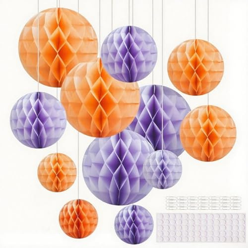 Hexizexi 12 Pcs Paper Honeycomb Balls Orange Hanging Honeycomb Decor Violet | 15cm 20cm 25cm Paper Decorations for Birthday Wedding Graduation Party Baby Shower Festival Celebration Decorations