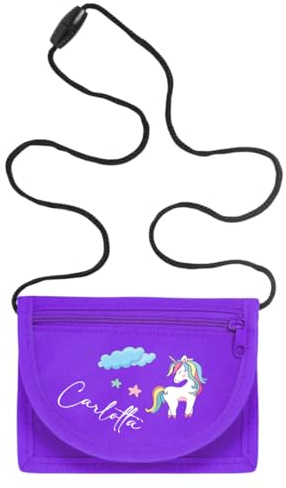 minimutz Geldbörse Kinder personalisiert, Kindergeldbeutel mit Name, Brustbeutel Einhorn Sterne Mädchen (lila)
