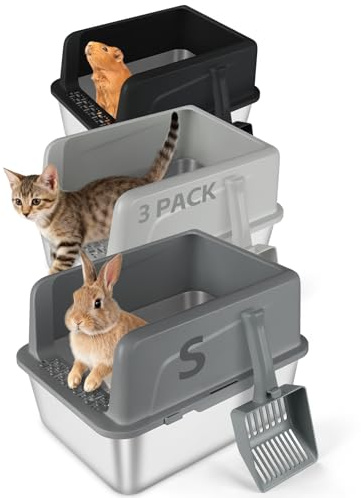 Bartuke Lot de 3 Toilettes pour Lapin, avec Pelle, en Acier Inoxydable, 45 x 35 x 30 cm, pour Petits Animaux, Chats, Chiots, Lapins (Gris foncé, Gris Clair & Noir)