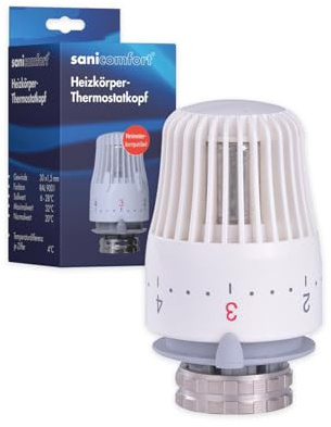 sanicomfort Thermostatkopf M30 x 1,5 mm – Heimeier kompatibel, Heizkörper Thermostat, Regelkopf 6–28 °C, Flüssigkeitsfühler, Frostschutz, energiesparend, weiß RAL 9001