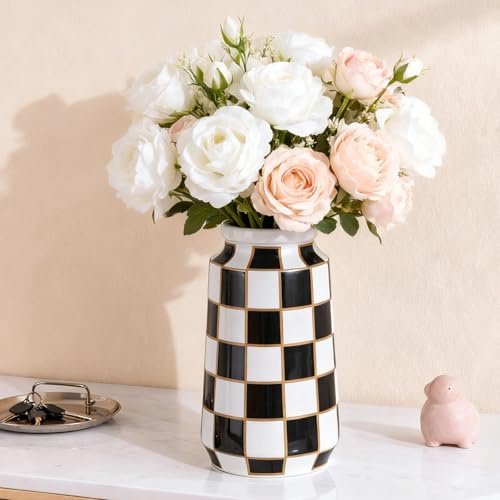 Schwarze und weiße Keramikvase, moderne Vasen für Blumen und Pampasgras, Tafelaufsatz, schwarz-weiße Vase für Esstisch, Küche, Tischplatte, minimalistisch, dekorativ (schwarz)
