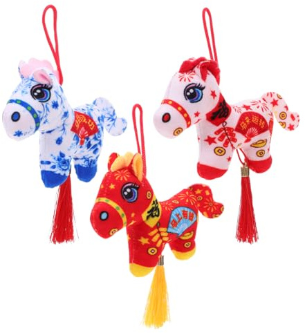 BESPORTBLE 3-Teiliges Pferde Kuscheltier Set 2026 Chinesische HäNgende Neujahrsdekoration Stofftier Pferd Maskottchen FüR Tischdeko Zuhause Und BüRo GlüCksbringer Reichtum Segen