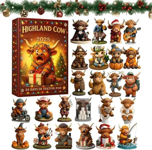 Highland Cow Adventskalender, Highland Cow Advent Calendar 2025, 24 Tagen Hochlandrind 3D Aufhängbare Ornamente, Countdown Kalender, Cartoon Kuh Weihnachtsbaum Dekorationsanhänger (A)