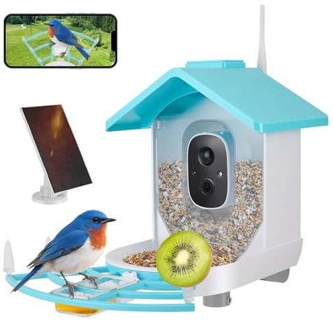 Comedero para pájaros con cámara, casa para pájaros solar para exteriores, comedero para pájaros 1080P, resistente a la intemperie IP66 – Seguimiento de IA de más de 10.000 especies de aves (azul)