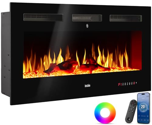 tectake® Chimenea Electrica Decorativa con Efecto Llama 3D, 2 Niveles de Calefacción, Control Remoto, Chimenea Eléctrica con Termostato Integrado, Protección Sobrecalentamiento - 12 x 127 x 43 cm