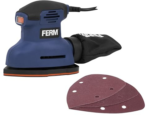 FERM Deltaschleifer 140 W – Detail-Multischleifer mit Dreieck-Schleifplatte 140×140×100 mm, 12.500 U/min, Staubabsaugung, Softgrip, inkl. Schleifpapier PSM1039