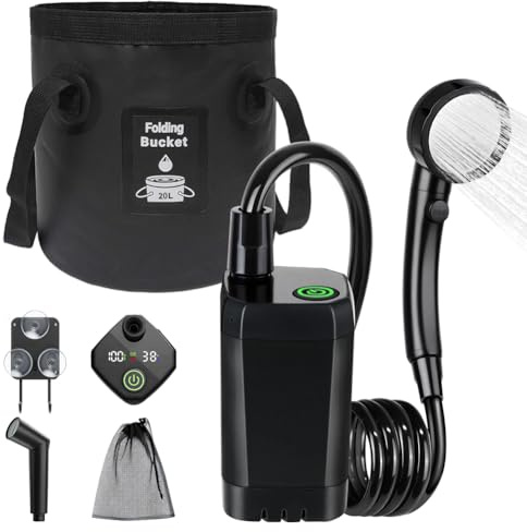 CEWROM 2026 Upgraded Portable Camping Shower Full Set, 6000mAh Camping Dusche mit mit Pumpe und Temperaturanzeige, Multi-Modes Spray Head & 5 Gal Water Foldable Bucket for Outdoor Travel Hiking