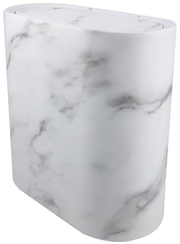 Milisten Bedside Bin Small Trash Can with Space-saving Gap Design, Plastic Narrow Bathroom Trash Bin, Easy to Clean Wastebasket for Home and Living Room, Marble Appearance