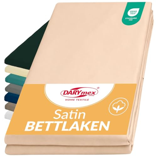 Darymex Flaches Laken ohne Gummizug - 200 x 220 cm - Baumwoll-Satin Betttuch - Glatt - Glänzend - Hellbeige