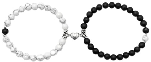 Magnetic Couple Bracelets, Matching Heart Set, 1 Pair, Black & White | Lightweight elastic-bead jewellery for partners, friends and long-distance relationship gifts