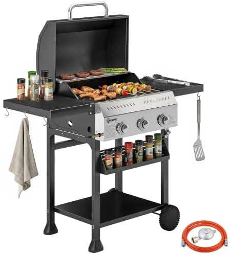 Outsunny Barbacoa de Gas con 3 Quemadores 9 kW Termómetro 2 Ruedas Negro | Barbacoa Portátil, Mesas Laterales Plegables, Estante, Rejilla Calentadora, Especiero, Recogedor Grasa, Ganchos