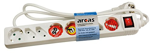 Arcas 92700008 - Steckdosenleiste 8 fach mit Schalter und Kinderschutz, Kabellänge ca. 1,5 m, Farbe weiß, Anschlussleistung 3500 Watt, Spannung 230 Volt, Netzstecker Typ F: 2 polig