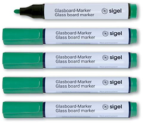 SIGEL GL714 Glasboardmarker, Whiteboard-Stifte grün, Rundspitze 2 - 3 mm, 5 Stück, abwischbar, kräftige Farbe, Recyclingmaterial, Made in Germany