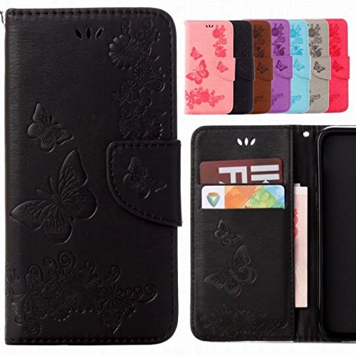 Yiizy Custodie Huawei P9 Lite Mini / Y6 PRO 2017 Cover, Butterfly Custodia Portafoglio Silicone Cover PU Pelle Cuoio Copertura Schede Cavalletto Stile Libro Protettivo Borsa (Nero)