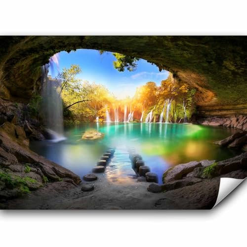 murando - Papier peint panoramique paysage 100x70 cm - Revêtement mural décoration salon - Design moderne - Beige vert bleu turquoise - Arbres pierre coloré paysage eau cascade c-A-0127-a-a