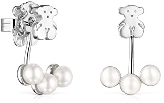TOUS Ohrringe aus Sterlingsilber für Damen mit drei 4,5 cm Perlen und 0,7 cm Bärenmuster, mit Druckknopfverschluss, fein und elegant, Nocturne Kollektion