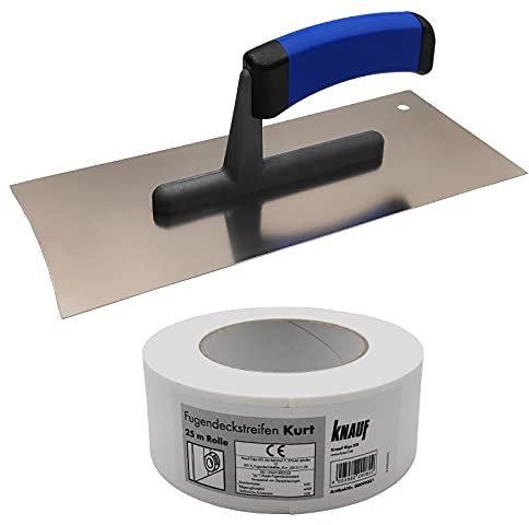 DEWEPRO Trockenbau Glättekelle konkav inkl. Knauf Kurt Fugendeckstreifen 25m - Glattkelle mit 2 konkaven Seiten - Aufziehglätter aus Edelstahl mit abgerundeter Ecke