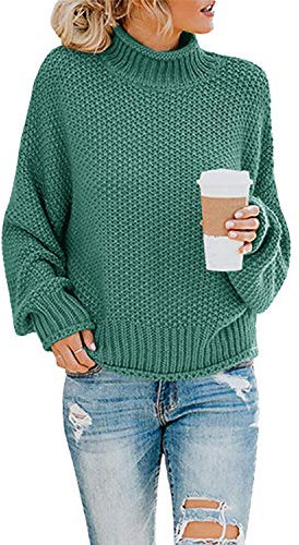 Imuedaen Women's Turtleneck Jumpers Casual Batwing Sweaters Long Sleeve Pullover Loose Chunky Knitted Jumper Tops (A Dark Green, XL)