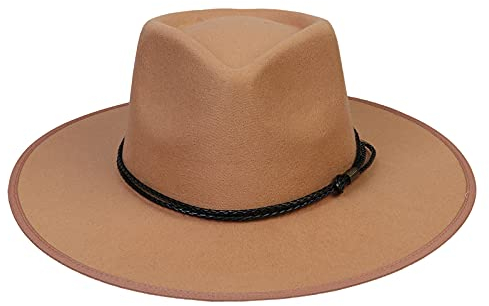 JK Home Sombrero Fedora de ala ancha – Gorra Panamá de fieltro de lana – Talla única unisex mujeres hombres – Banda de cuero trenzado negro, Caqui Trenzado Cuero, Talla única