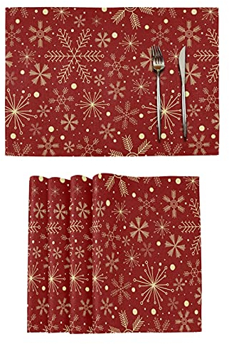 Weihnachtliche Tischsets mit Schneeflocken auf dunkelrotem Tischset für Esstische, Jute, doppelseitig, 6 Stück