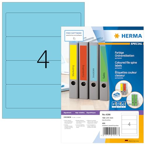 HERMA Self Adhesive Spine Labels, 4 Labels per A4 Sheet, 1400 Sheets, 192 x 61 mm, 5600 Labels, Blank Lever Arch File Folder Labels Stickers, Sticky Labels for Laser & Inkjet Printer, Blue