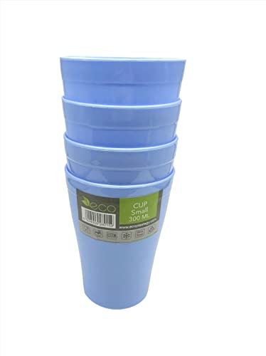 ECO 4 Pack Hard 300ml Plastic Cups Reusable | Stackable Plastic Tumblers for Parties | Blue Toddler Cup for Everyday Use | Unbreakable Kids Cups for Picnics, BBQ and Travels (Small 300ml, Blue)