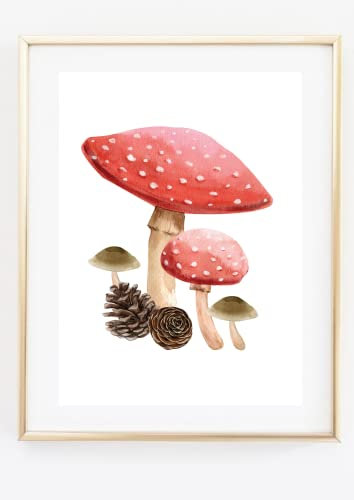 Din A4 Kunstdruck ohne Rahmen - Fliegenpilz - Herbst - Tannenzapfen - Pilze Pilz Natur Aquarell Bild Druck Poster Bild
