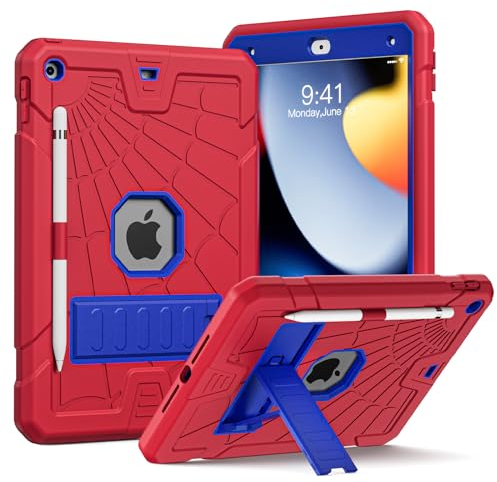 Neue Herize iPad 10.2 Hülle 9. / 8. / 7. Generation für Kinder Jungen Mädchen | Schutzhülle 10,2 Zoll iPad Hülle 2021/2020/2019 mit Stifthalter | Stoßfeste iPad Hülle 10,2 mit Ständer-Blau & Rot