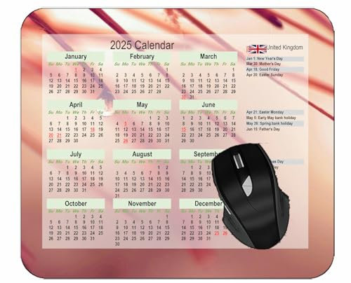 2025 UK Calendar Mouse Pad with Holidays,Plants Light Background Gaming Mouse Pad