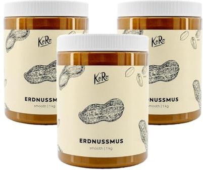 KoRo Erdnussmus - 3 x 1 kg Vorratspackung - Cremige Konsistenz - Ohne zusätzlichen Zucker* und Stabilisatoren - Aus 100% gerösteten Erdnüssen