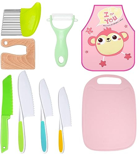 9 Cuchillos de Cocina para Niños, Juego de Cuchillos para Niños Que Incluye Cuchillo Seguro para Niños de Madera, Babero, Cuchillo Dentado para Niños, Pelador, Tabla de Cortar, Rosado