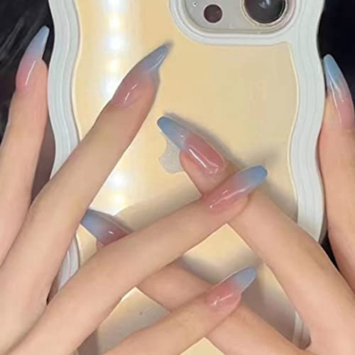 SINLOV 24pcs nu cercueil faux ongles paillettes bleu français faux ongles dégradés ongles long Ballet faux ongles faux ensemble complet faux ongles pour les femmes et les filles