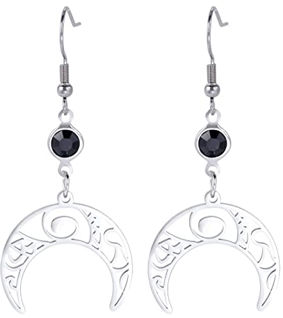 TEAMER Edelstahl Halbmond Göttin Schwarz Geburtsstein Hexen Knoten Ohrringe Dreifachmond Wicca Pentagramm Gothic Keltischer Knoten Tropfenohrringe, Unnow