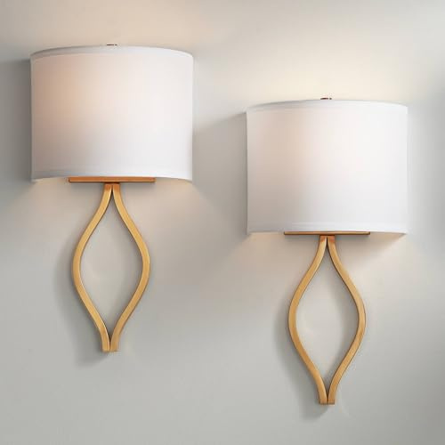 Possini Euro Design Sian Modern Wall Light Sconces Set of 2 Warm Brass Gold Hardwired 10 Fixture White Half-Moon Shaped Linen Shade for Bedroom Bedside Reading Living Room Hallway House Home