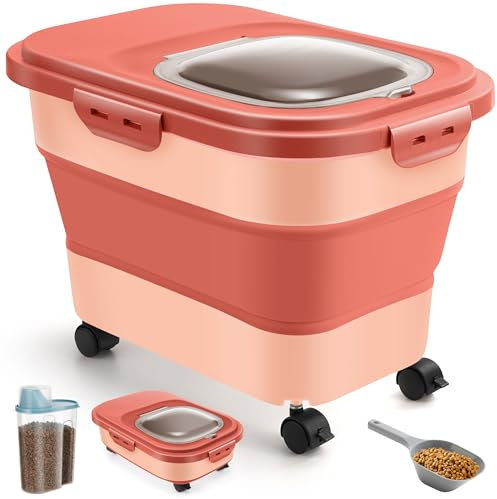 ANVS Dog Food Storage Container - Up to 20lbs Collapsible Dog Food Container with Casters, Scoop and 2.5L Small Pet Food Container to Keep Dry Pet Food Fresh (Pink)