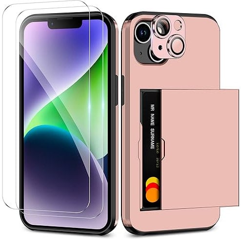 Coolden for iPhone 15 Case with Card Holder & 2 Screen Protector + 1 Camera Lens Protector Full Body Heavy Duty Protective Case Armor Shockproof Wallet Case Cover for iPhone 15 Phone Case-Rose Gold