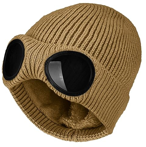HeiDmai Unisex Goggle Knit Beanie Hat Outdoor Warm Thick Fleece Lined Winter Skull Cap, Dunkles Khaki, Einheitsgröße