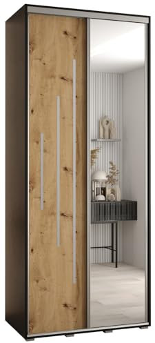 MEBLE KRYSPOL Davos 13 110 Schrank mit Zwei Schiebetüren für Schlafzimmer - Moderner Kleiderschrank mit Spiegel, Kleiderstange und Regalen - 235,2x110x60 cm - Schwarz Artisan Silber