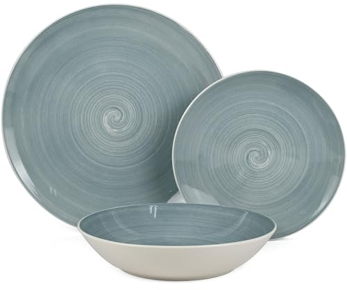 Vajilla de 18 piezas de porcelana en azul ceniza 27x27x4 cm apto lavavajillas y microondas