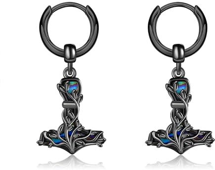 Thor Hammer Earrings Sterling Silver Black Mjolnir Hoop Earrings Viking Jewellery Gifts for Women Men