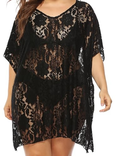 Plus Size Women's Swimsuit Beach Cover Up Loose Solid Lace Bikini Beachwear Bathing Suit Beach Dress Black 2XL