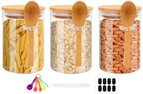 POFIBO Lot de 3 bocaux de conservation avec couvercle et cuillère - 600 ml - Bocaux de conservation en verre avec couvercle pour café, thé, sucre, épices