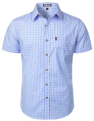 PARKLEES Chemise décontractée à carreaux boutonnée en coton à manches courtes pour homme, coupe régulière avec poche, vichy bleu, Taille XL